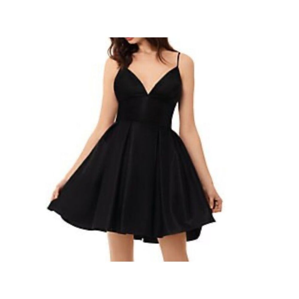 AQUA FORMAL Womens Black Spaghetti Strap Short Cocktail Fit + Flare Dress 0